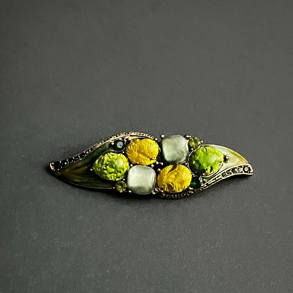 Vintage Liz Claiborne Brooch Women‎ Green Yellow MCM Cabochon Floral Vintage Pin